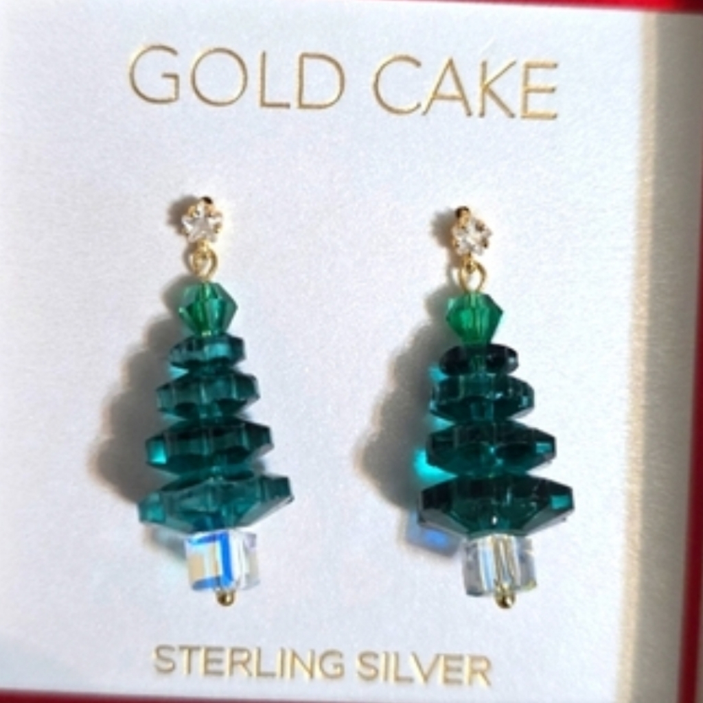 Gold Cake Shop Green Crystal Tree Earrings Bnib Li